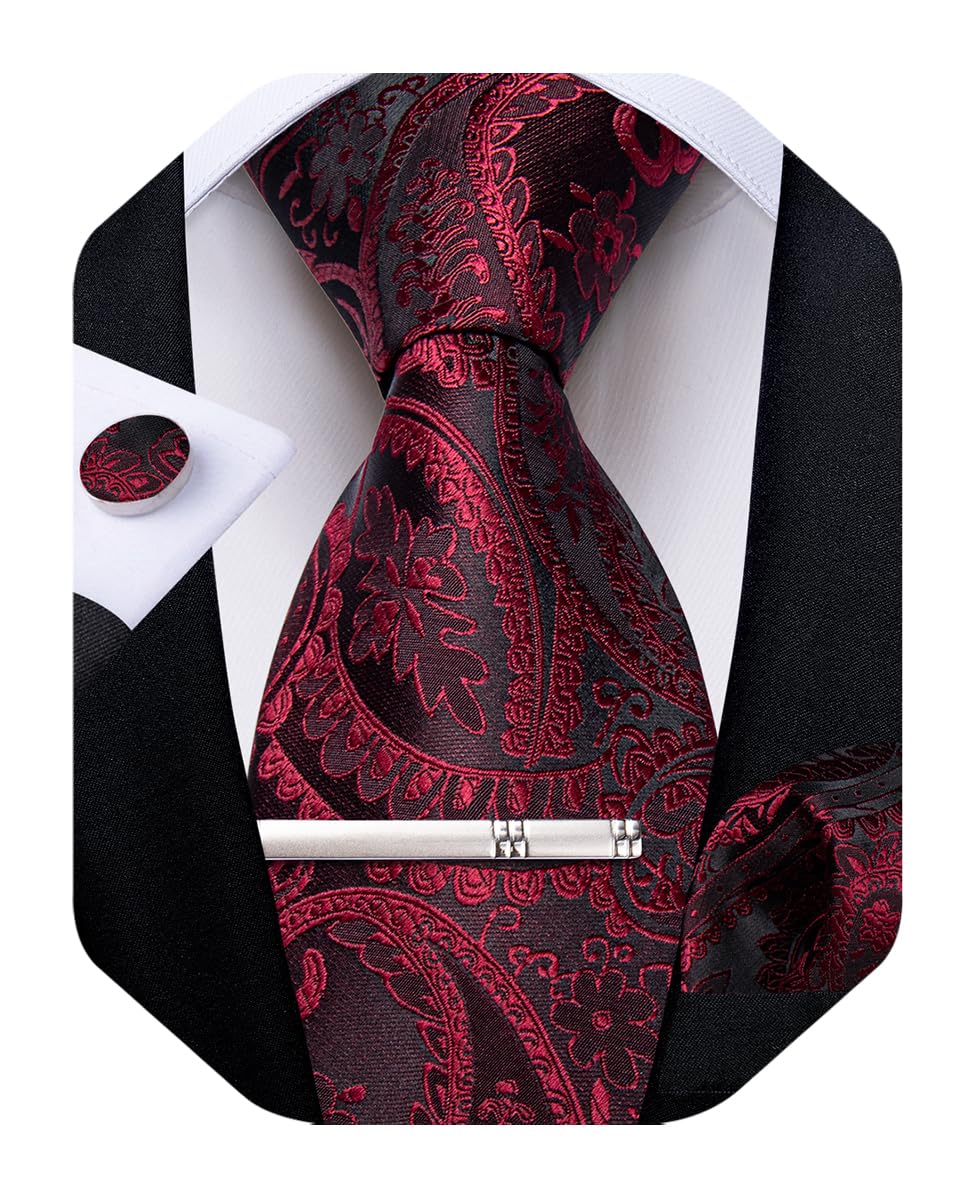 Silk Floral Ties for Men Woven Paisley Necktie and Tie Clip Handkerchief Cufflinks Set for Party Wedding