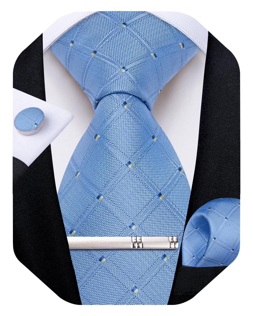 Silk Ties for Men Formal Plaid Check Necktie and Pocket Square Cufflinks Tie Clip Set Wedding Necktie with Gift Box