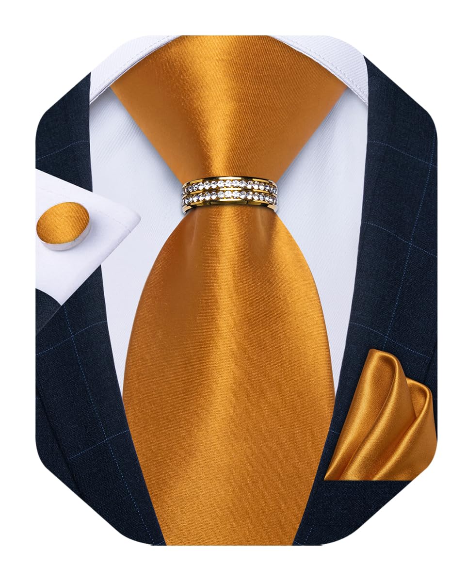 Mens Tie Set Silk Necktie and Gold Tie Ring Pocket Square Cufflinks Formal Business Wedding Ties with Gift Box