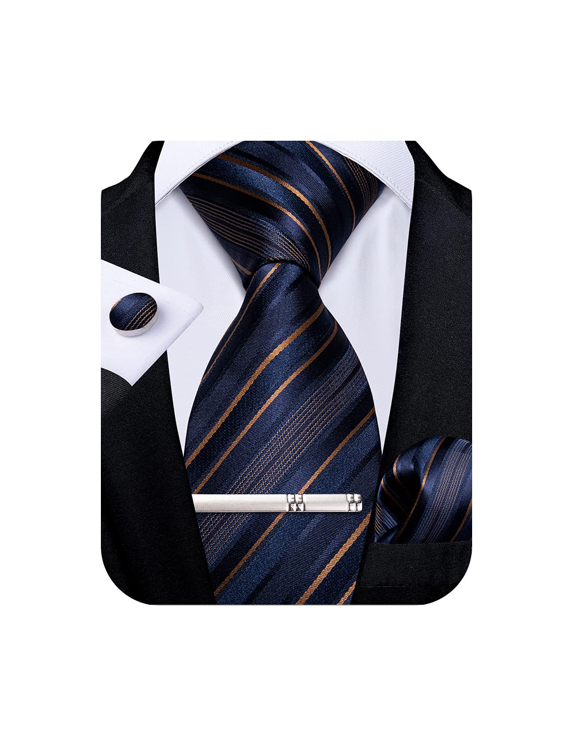 Mens Striped Tie Silk Woven Necktie and Pocket Square Cufflinks Tie Clip Set Wedding Business Formal Gift Tie for Men