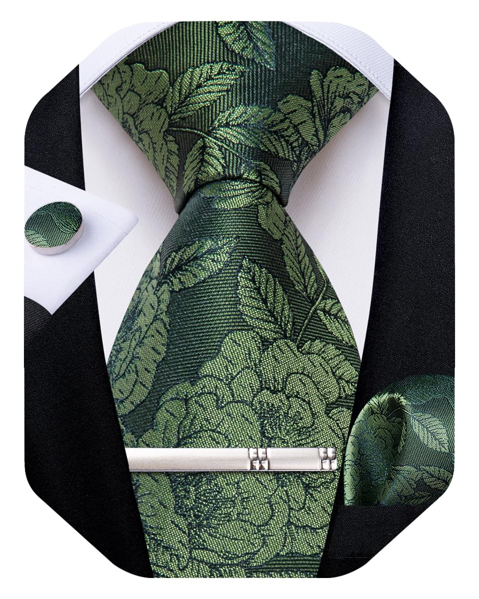 Silk Floral Ties for Men Woven Paisley Necktie and Tie Clip Handkerchief Cufflinks Set for Party Wedding
