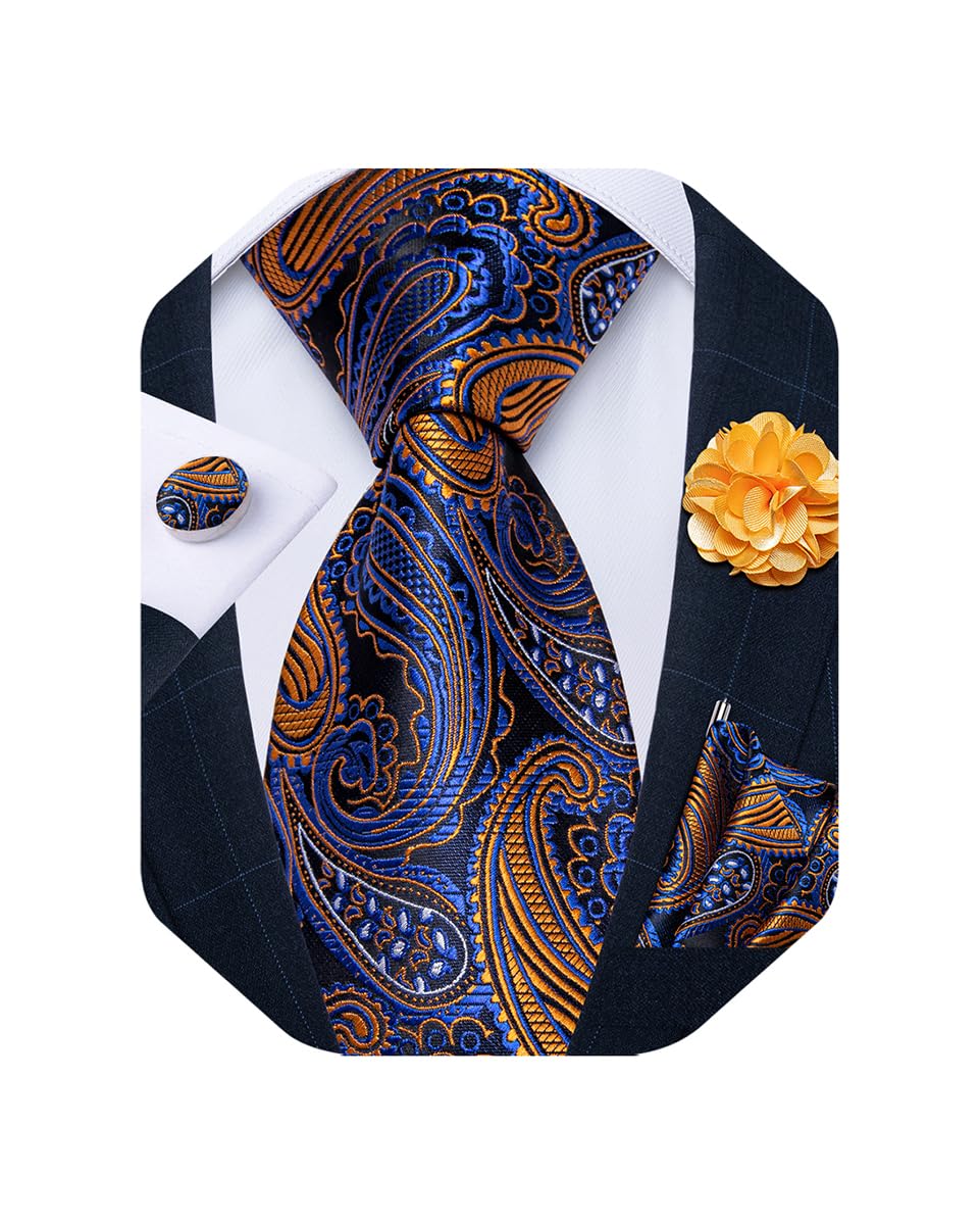 Mens Tie and Lapel Pin Set Silk Plaid Solid Paisley Necktie & Pocket Square Cufflinks for Wedding Party