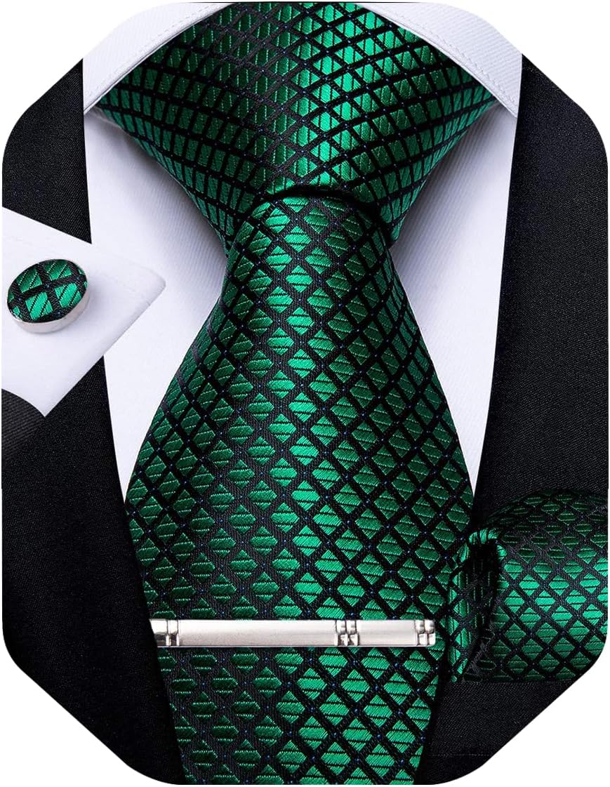 Plaid Ties for Men Silk Checkered Necktie and Pocket Square Cufflinks Tie Clip Set with Gift Box for Wedding Business