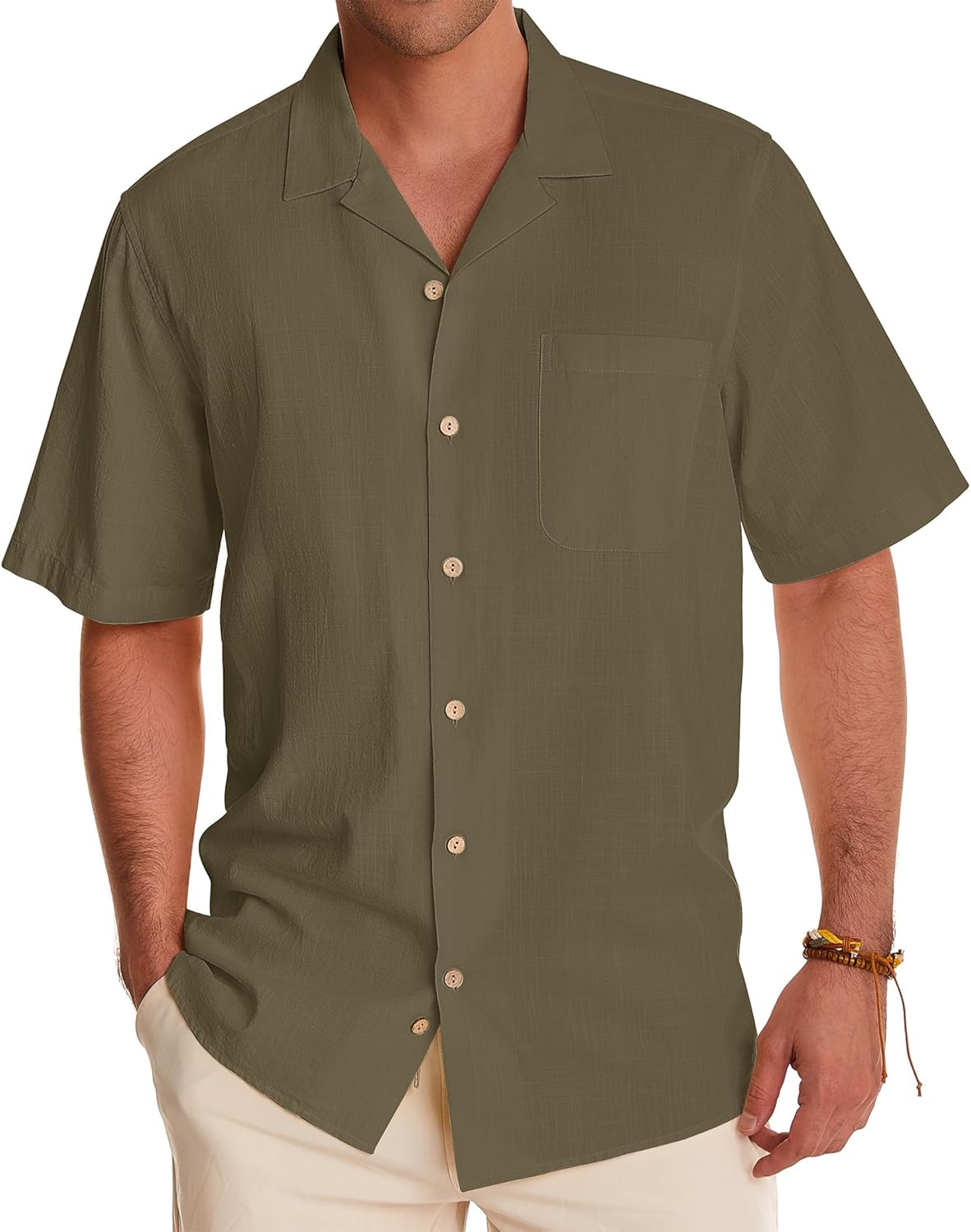 Alimens & Gentle Cuban Linen Shirts for Men Short Sleeve Button Down Shirt Cotton Summer Beach Camp Vacation Hawaiian Shirts