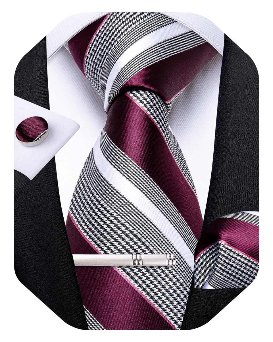 Mens Striped Tie Silk Woven Necktie and Pocket Square Cufflinks Tie Clip Set Wedding Business Formal Gift Tie for Men