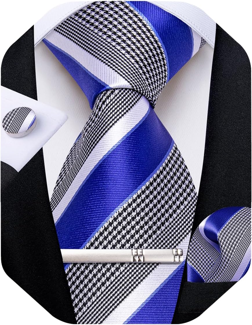 Mens Tie Silk Plaid Striped Necktie and Pocket Square Cufflinks Tie Clip Set with Gift Box Formal Wedding Party