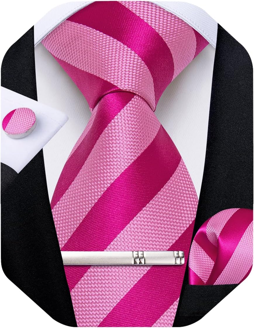 Mens Tie Silk Plaid Striped Necktie and Pocket Square Cufflinks Tie Clip Set with Gift Box Formal Wedding Party