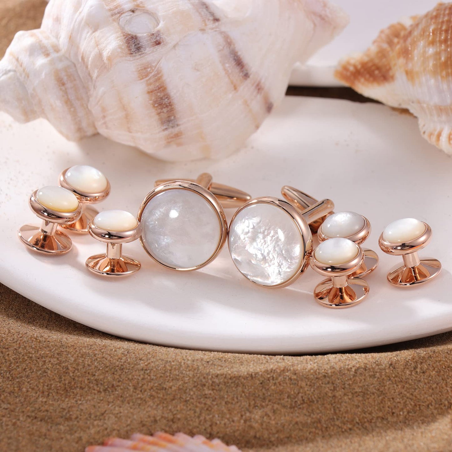 Cufflinks and Tuxedo Studs Set for Men with Gift Box, Mother-of-Pearl Cuff links for French Cuff Shirt and Dress Shirt, Suitable for Wedding, Birthday, Party