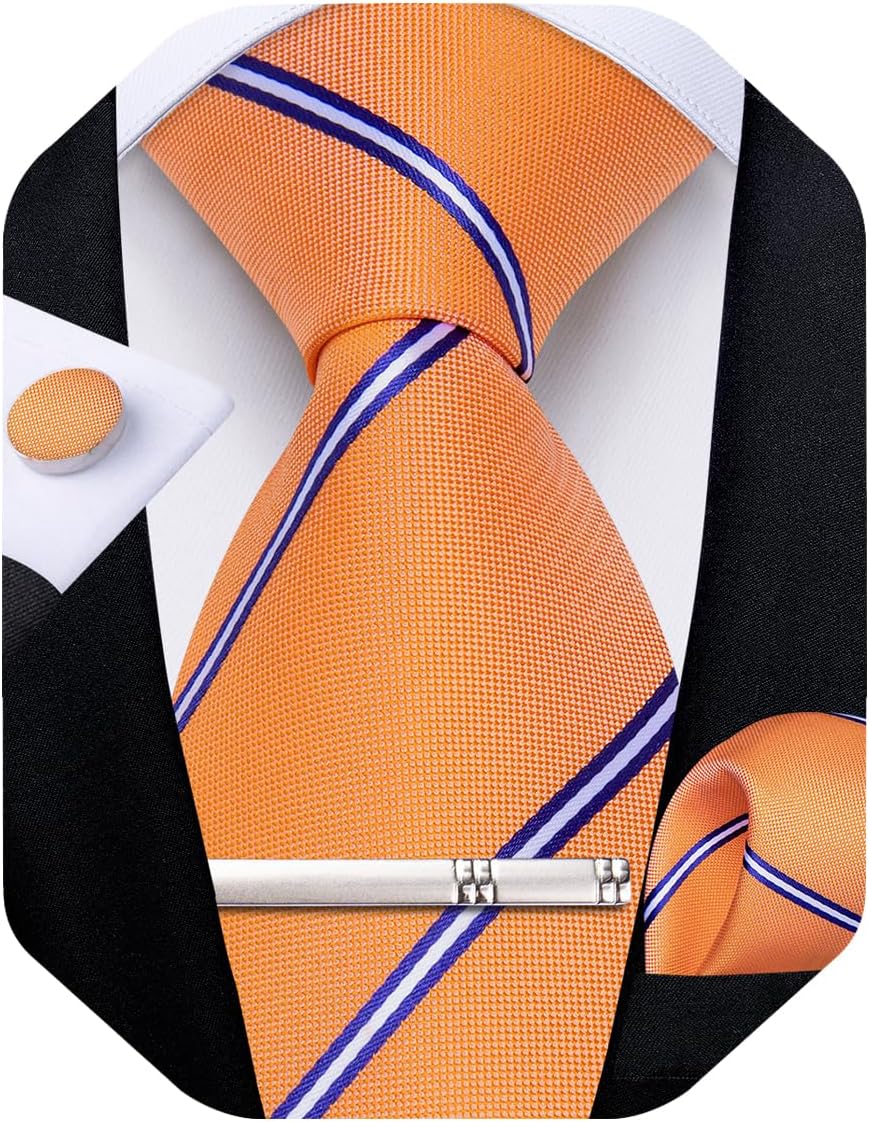 Mens Tie Silk Plaid Striped Necktie and Pocket Square Cufflinks Tie Clip Set with Gift Box Formal Wedding Party
