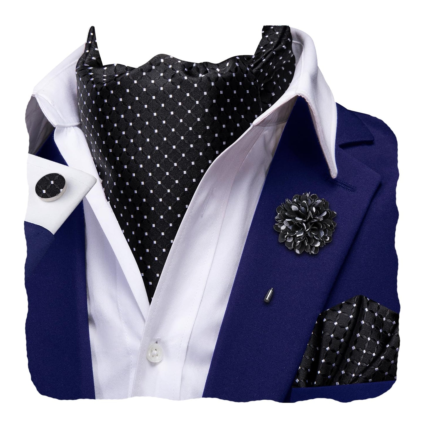 Silk Ascot for Men Self Tie Men's Cravat and Flower Lapel Pin Handkerchief Cufflinks Set for Wedding Party