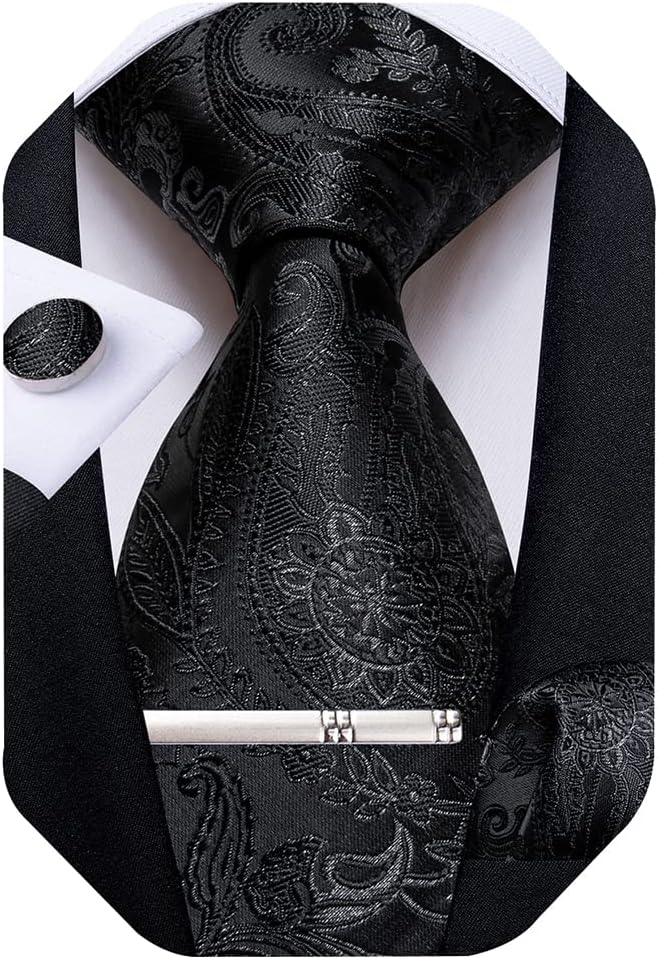 Paisley Ties for Men Silk Necktie and Pocket Square Cufflinks Tie Clip Set Woven Classic Mens Tie for Wedding Party