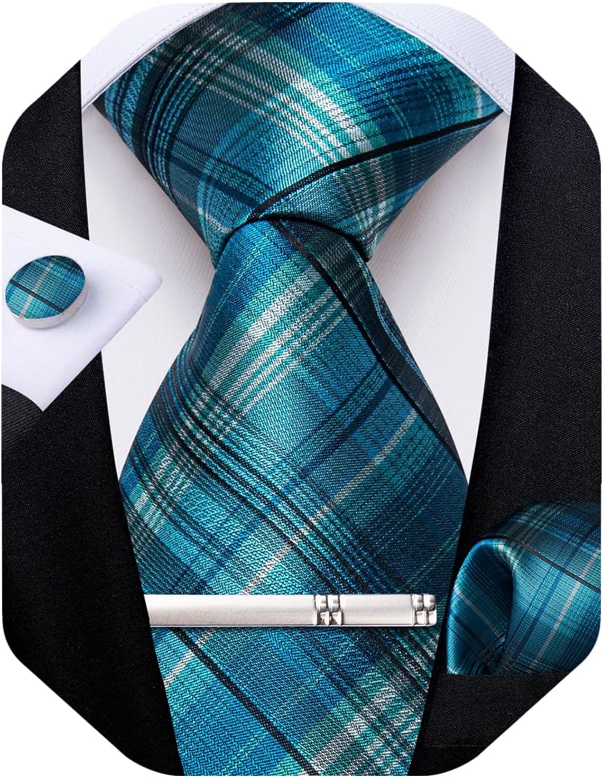 Plaid Ties for Men Silk Checkered Necktie and Pocket Square Cufflinks Tie Clip Set with Gift Box for Wedding Business
