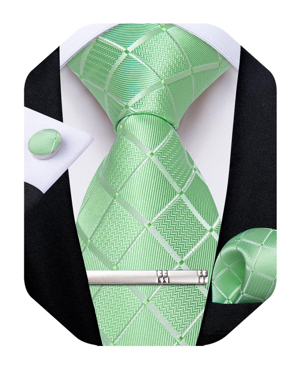 Silk Ties for Men Formal Plaid Check Necktie and Pocket Square Cufflinks Tie Clip Set Wedding Necktie with Gift Box