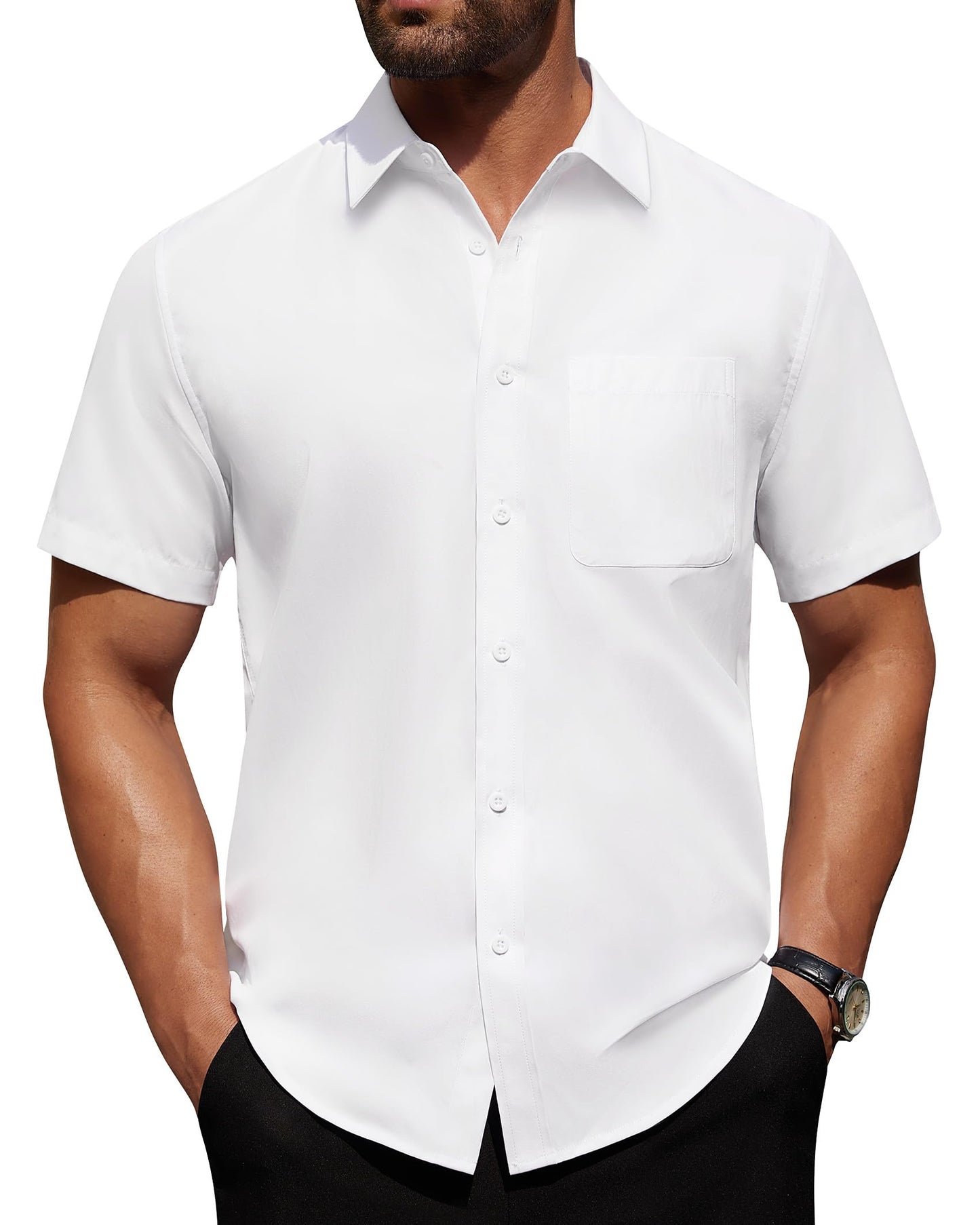 Alimens & Gentle Mens Short Sleeve Dress Shirt Wrinkle Free Solid Casual Button Down Shirts for Summer Business Wedding