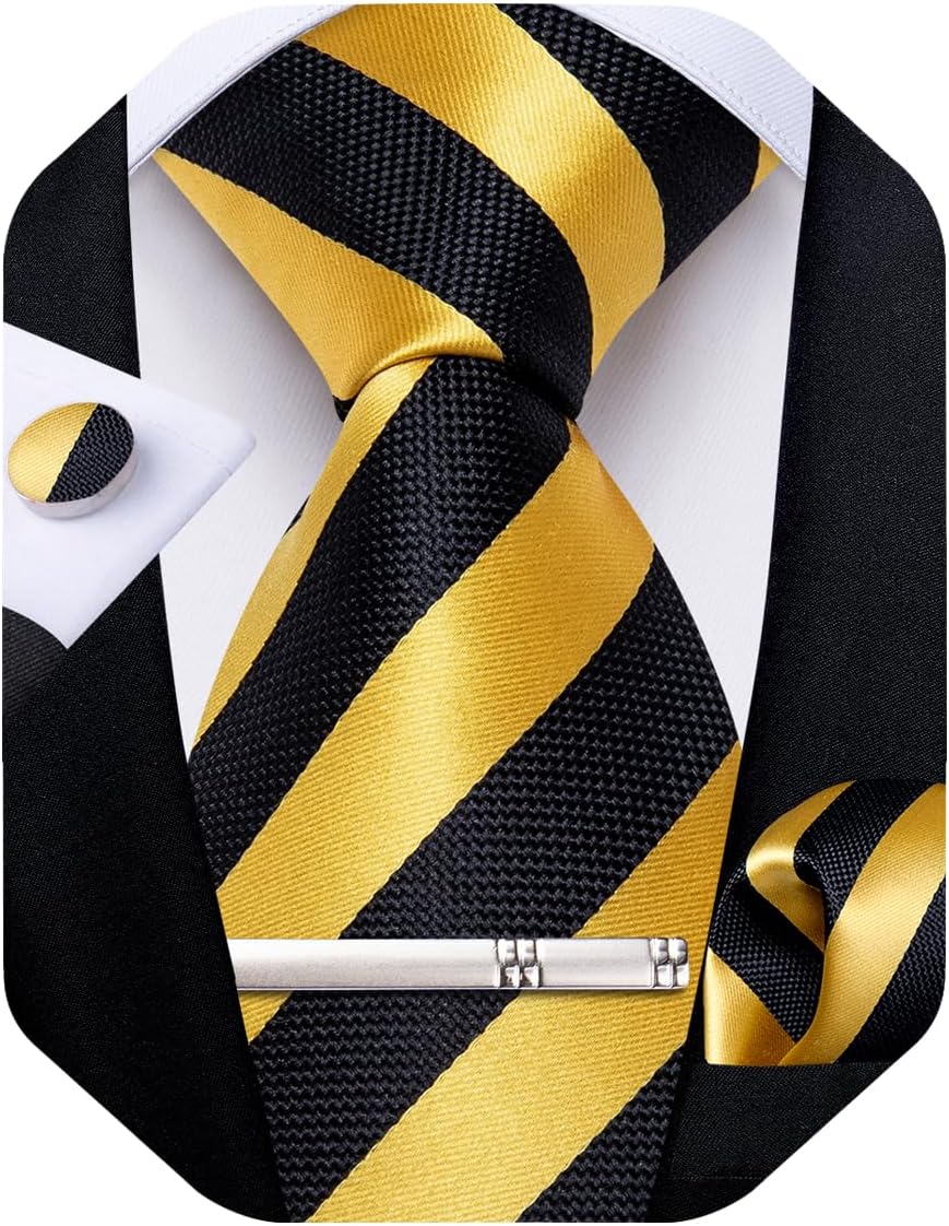 Mens Tie Silk Plaid Striped Necktie and Pocket Square Cufflinks Tie Clip Set with Gift Box Formal Wedding Party