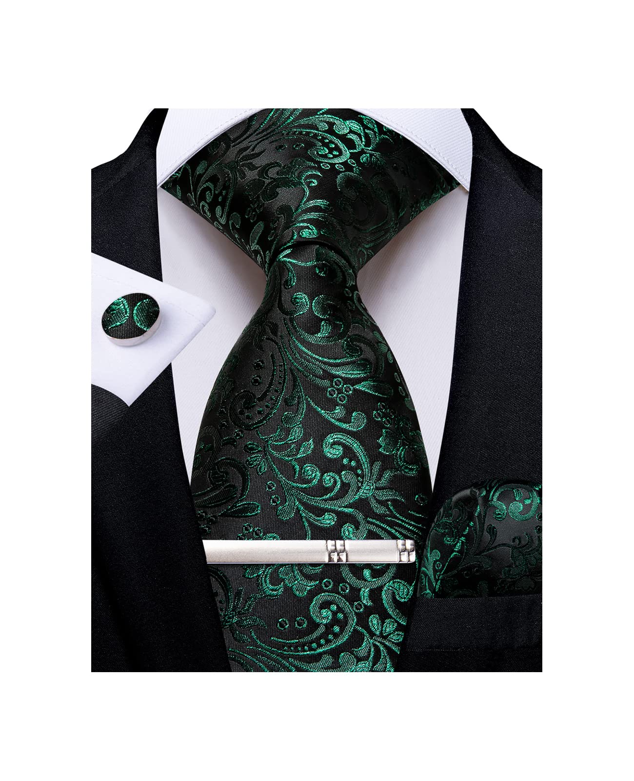 Silk Floral Ties for Men Woven Paisley Necktie and Tie Clip Handkerchief Cufflinks Set for Party Wedding