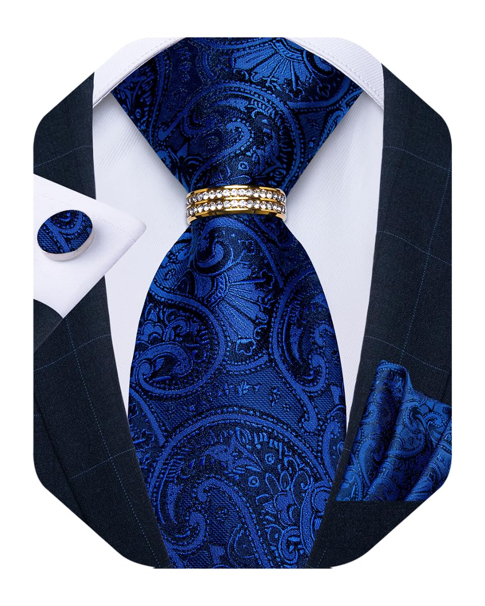 Mens Tie Set Silk Necktie and Gold Tie Ring Pocket Square Cufflinks Formal Business Wedding Ties with Gift Box