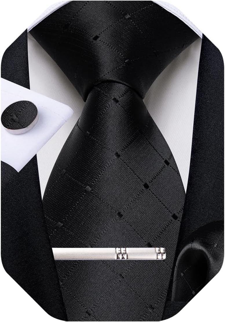 Mens Tie Silk Plaid Striped Necktie and Pocket Square Cufflinks Tie Clip Set with Gift Box Formal Wedding Party