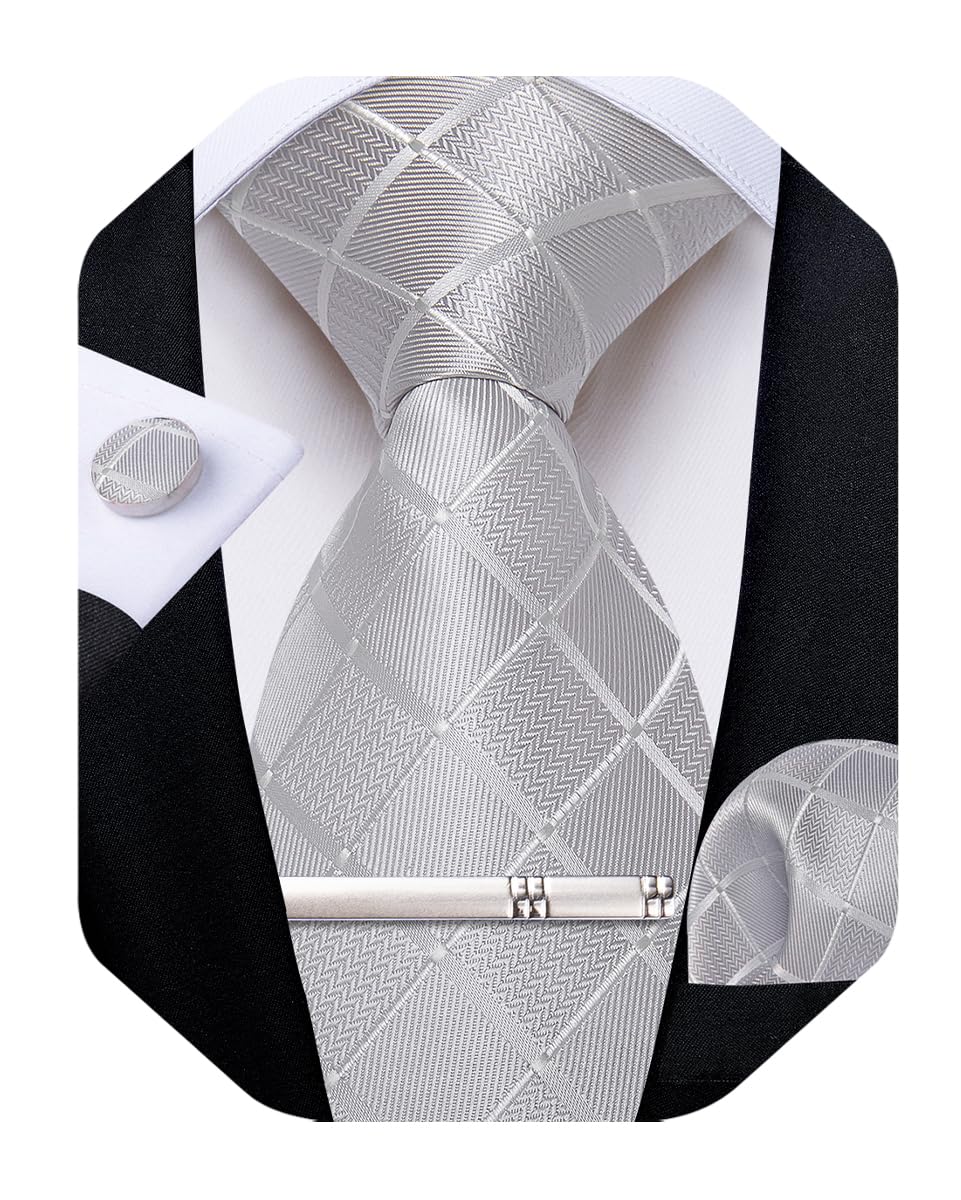 Silk Ties for Men Formal Plaid Check Necktie and Pocket Square Cufflinks Tie Clip Set Wedding Necktie with Gift Box