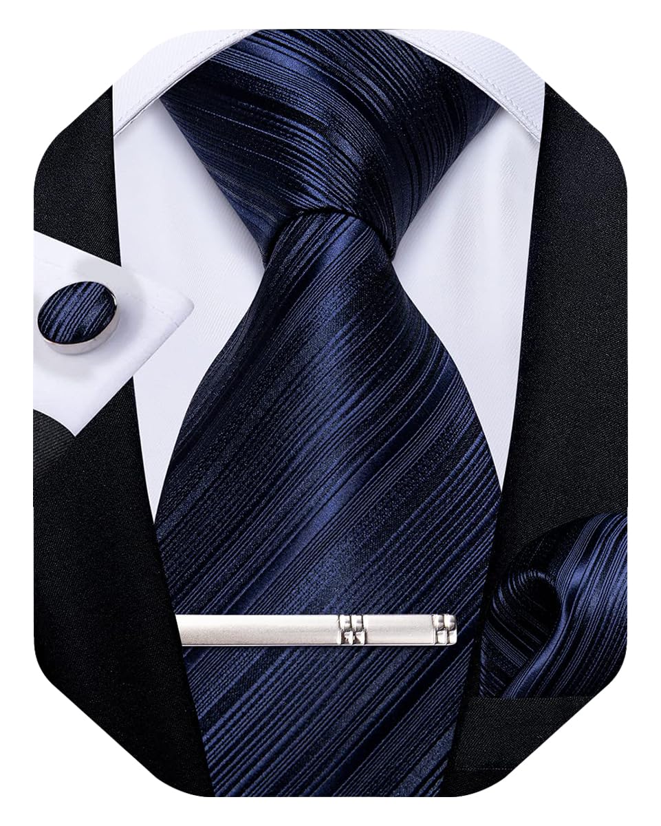 Mens Silk Necktie Solid Color Tie and Pocket Square Cufflink Tie Clip Set Woven Plain Ties for Men Wedding Party