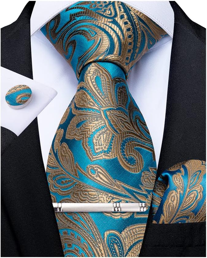Paisley Ties for Men Silk Necktie and Pocket Square Cufflinks Tie Clip Set Woven Classic Mens Tie for Wedding Party