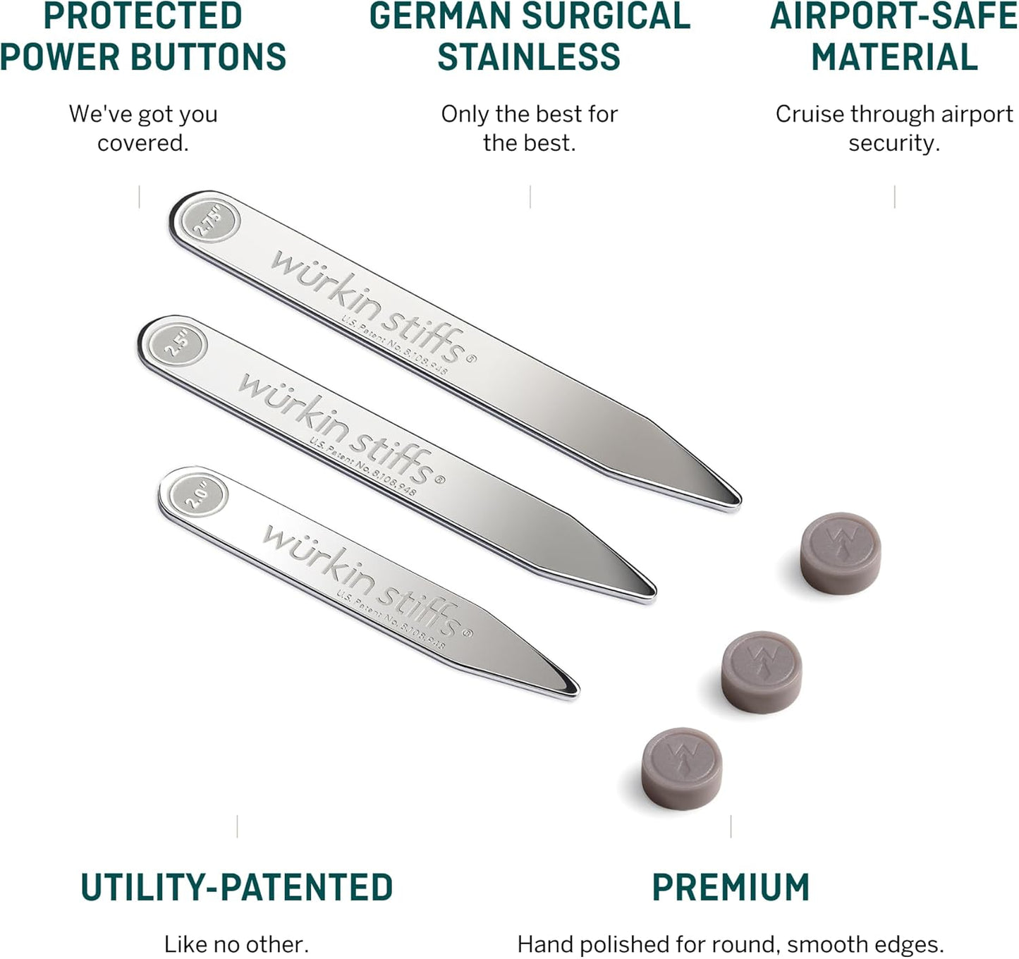 Würkin Stiffs Assorted Power Stays Magnetic Collar Stays 3 Pair | Slim Tie Bar Clip Set | Set of 3 1.65" Brushed Finish Tie Clips | As Seen on Shark Tank