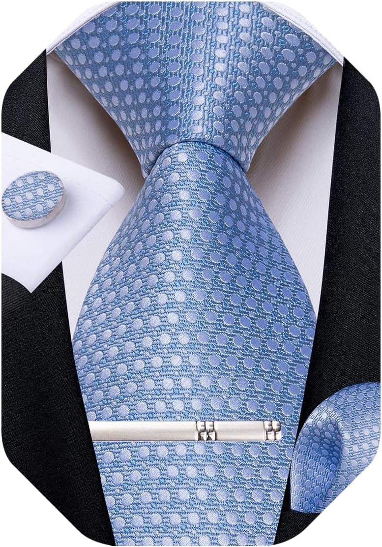Mens Tie Silk Plaid Striped Necktie and Pocket Square Cufflinks Tie Clip Set with Gift Box Formal Wedding Party