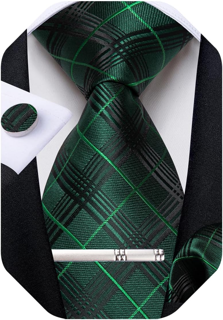 Mens Tie Silk Plaid Striped Necktie and Pocket Square Cufflinks Tie Clip Set with Gift Box Formal Wedding Party