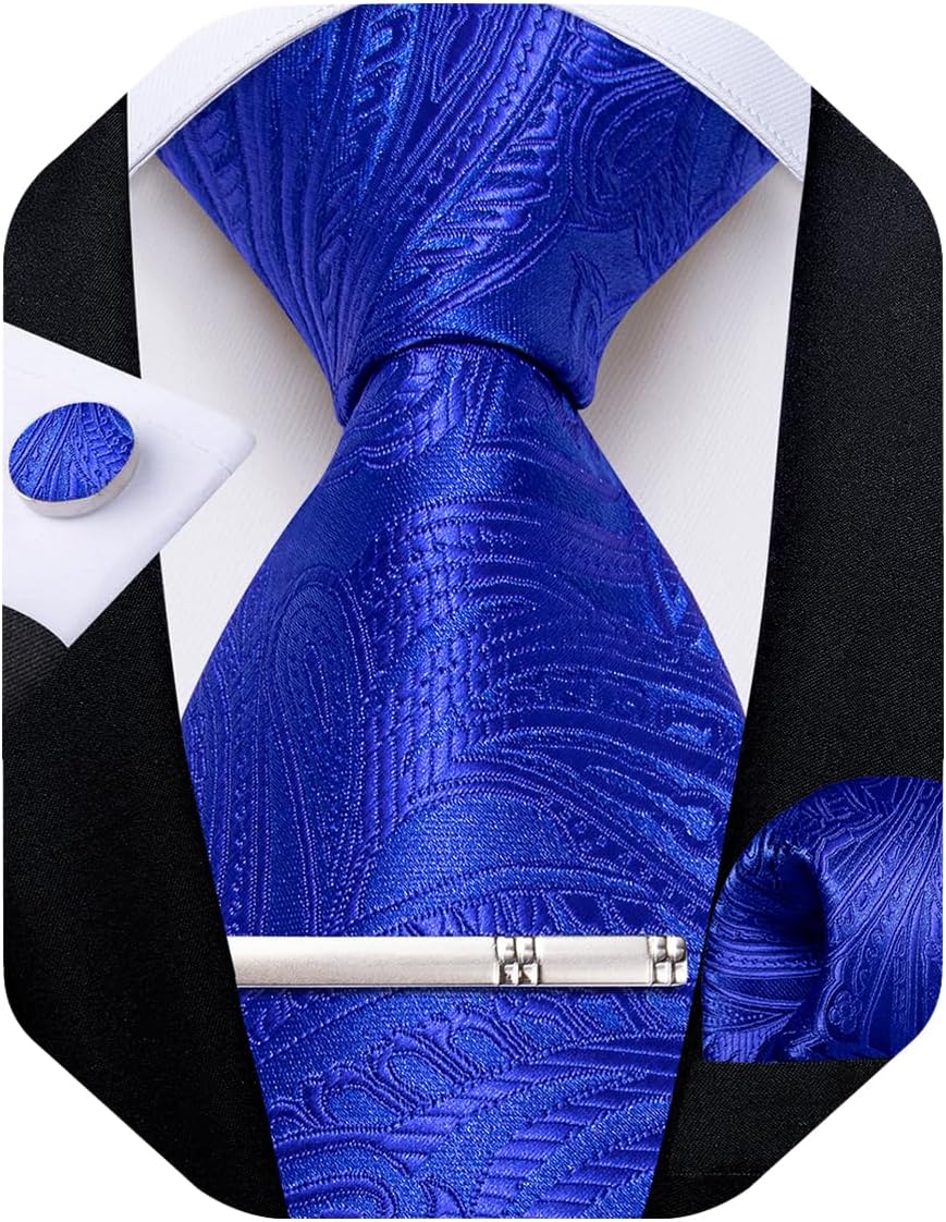 Paisley Ties for Men Silk Necktie and Pocket Square Cufflinks Tie Clip Set Woven Classic Mens Tie for Wedding Party