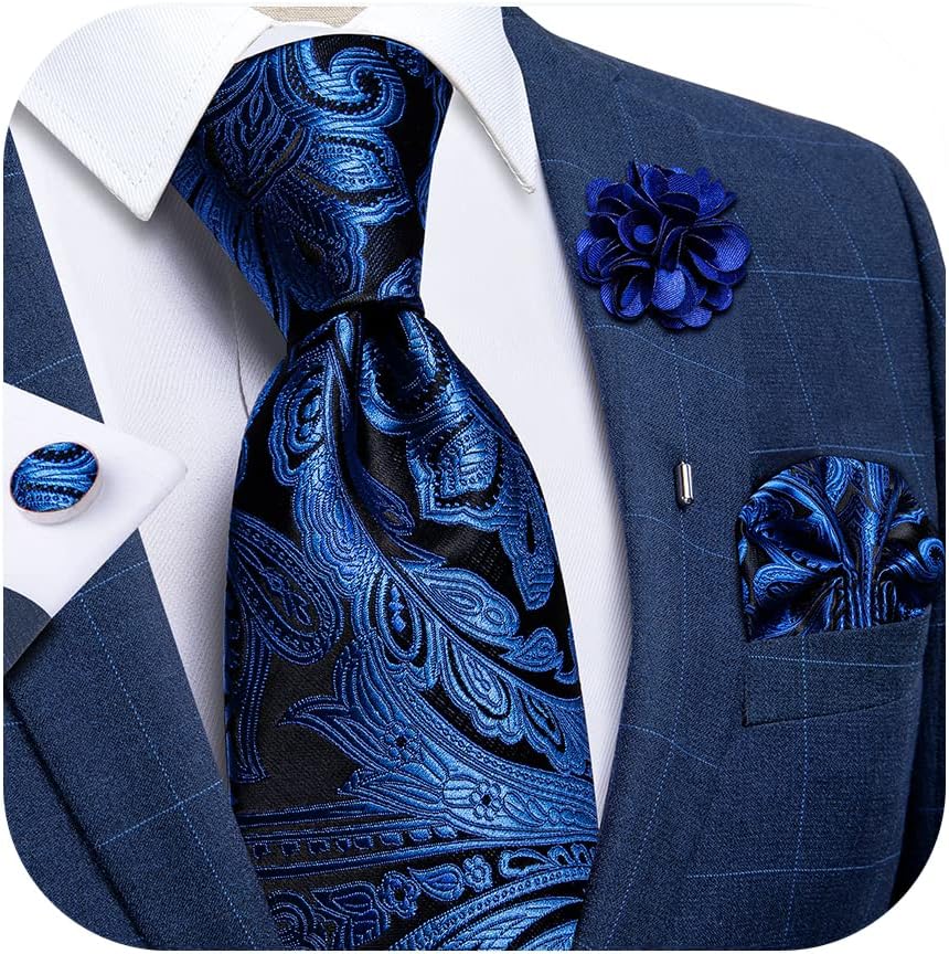 Silk Ties for Men Necktie and Lapel Pin Brooch Set Formal Woven Paisley Plaid Striped Solid Tie Wedding Party