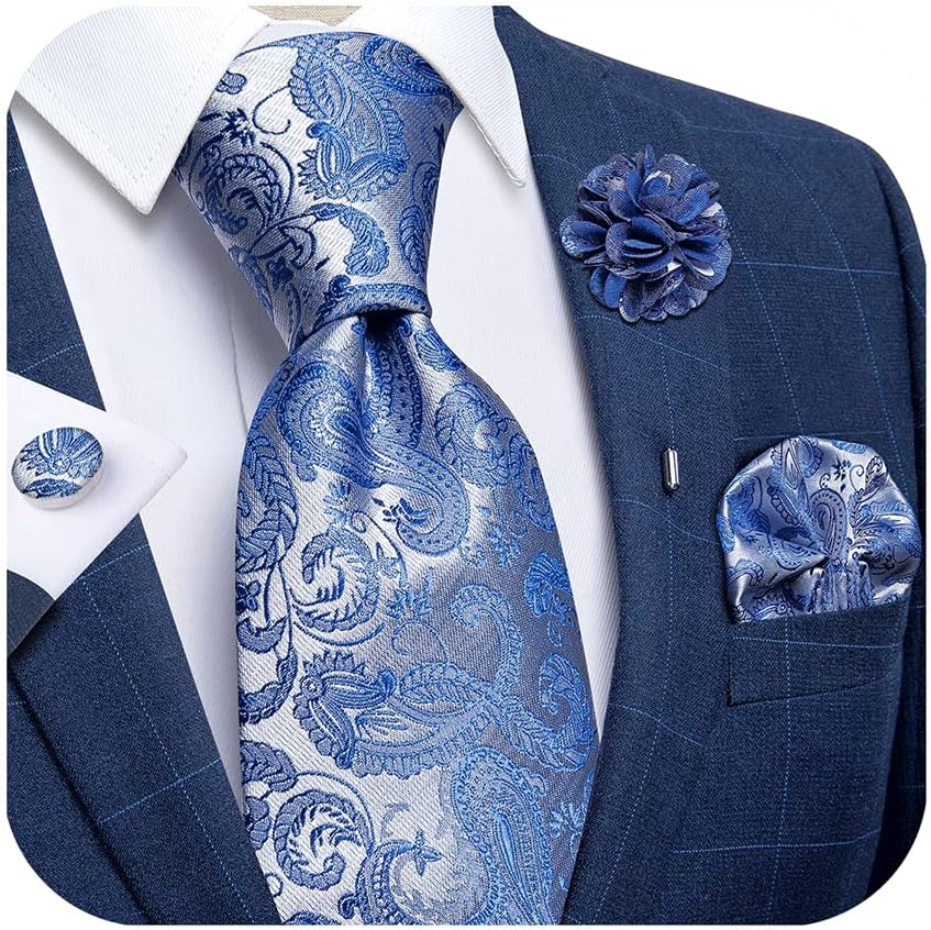 Silk Ties for Men Necktie and Lapel Pin Brooch Set Formal Woven Paisley Plaid Striped Solid Tie Wedding Party