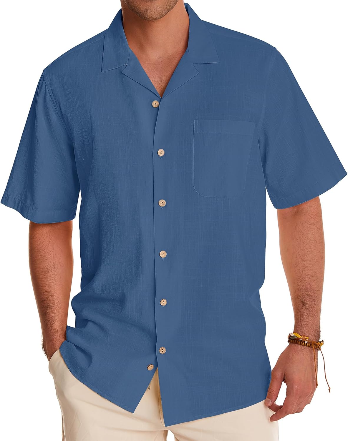 Alimens & Gentle Cuban Linen Shirts for Men Short Sleeve Button Down Shirt Cotton Summer Beach Camp Vacation Hawaiian Shirts