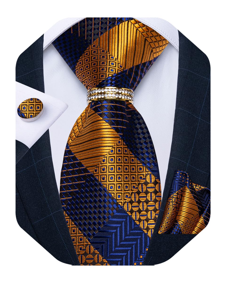 Mens Tie Set Silk Necktie and Gold Tie Ring Pocket Square Cufflinks Formal Business Wedding Ties with Gift Box