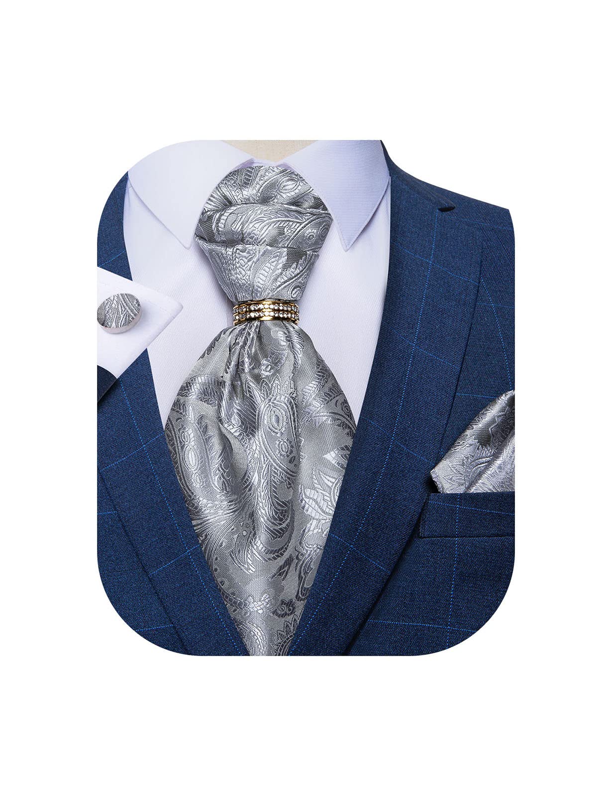 DiBanGu Paisley Ascot Ties for Men Silk Woven Cravat Tie and Pocket Square Cufflinks Set with Tie Ring for Wedding Party