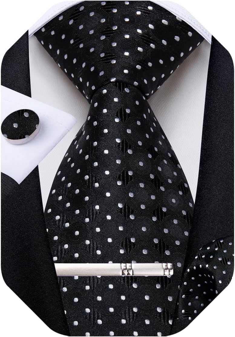 Mens Tie Silk Plaid Striped Necktie and Pocket Square Cufflinks Tie Clip Set with Gift Box Formal Wedding Party