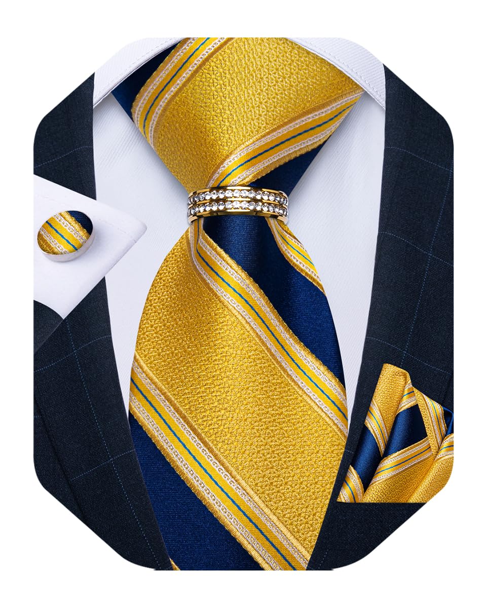 Mens Tie Set Silk Necktie and Gold Tie Ring Pocket Square Cufflinks Formal Business Wedding Ties with Gift Box