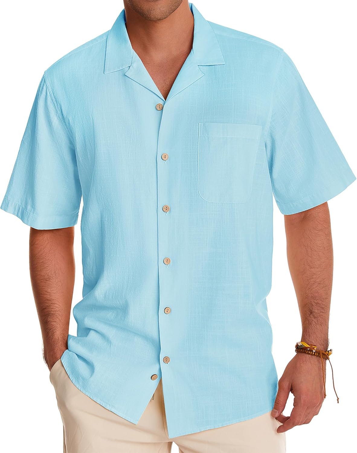 Alimens & Gentle Cuban Linen Shirts for Men Short Sleeve Button Down Shirt Cotton Summer Beach Camp Vacation Hawaiian Shirts