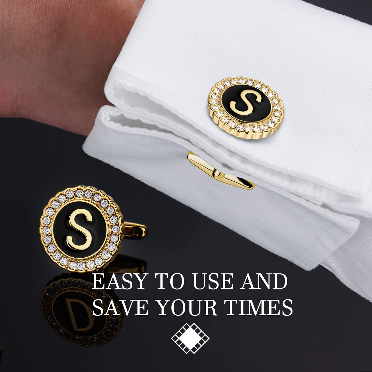 18K Gold Tone Initial Cufflinks for Men with Tuxedo Studs