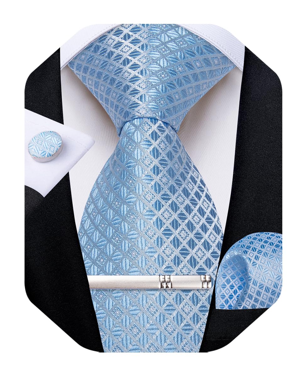 Silk Ties for Men Formal Plaid Check Necktie and Pocket Square Cufflinks Tie Clip Set Wedding Necktie with Gift Box