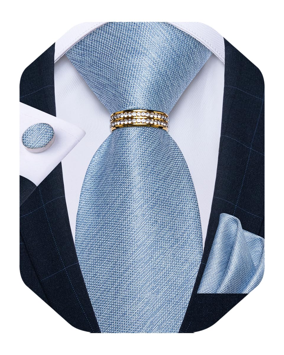 Mens Tie Set Silk Necktie and Gold Tie Ring Pocket Square Cufflinks Formal Business Wedding Ties with Gift Box