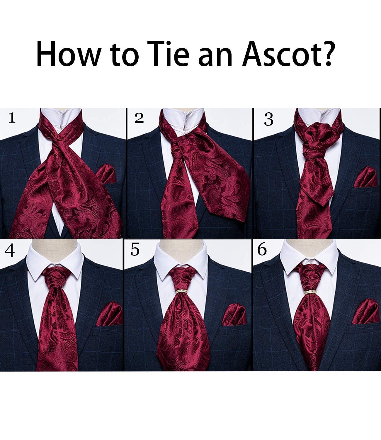 DiBanGu Paisley Ascot Ties for Men Silk Woven Cravat Tie and Pocket Square Cufflinks Set with Tie Ring for Wedding Party