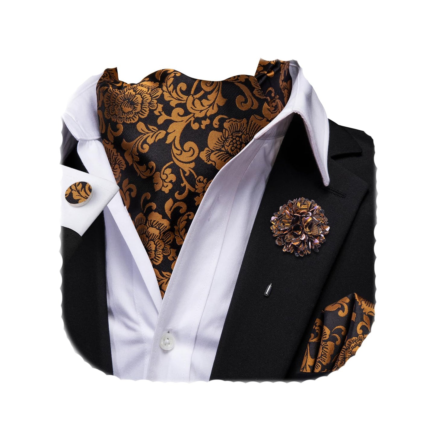 Ascot for Men Silk Cravat Handkerchief Cufflinks Lapel Pin Scarf Tie Sets Wedding Party Formal