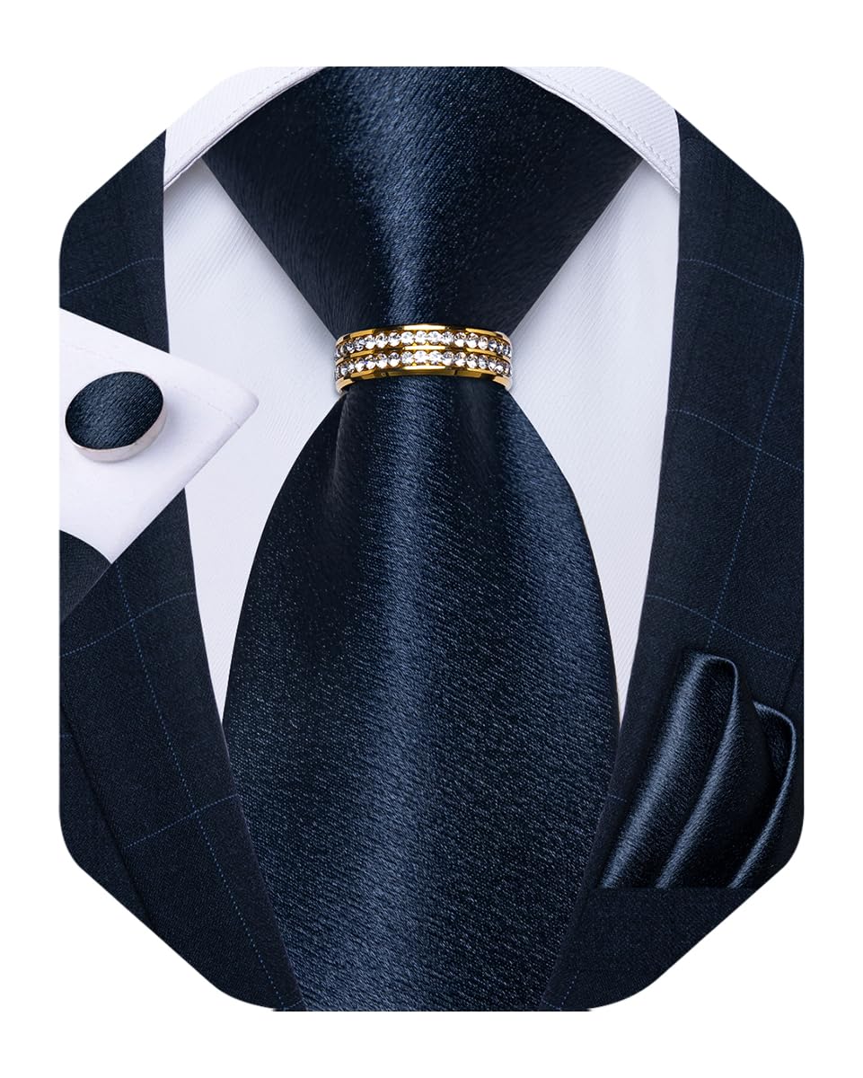 Mens Tie Set Silk Necktie and Gold Tie Ring Pocket Square Cufflinks Formal Business Wedding Ties with Gift Box