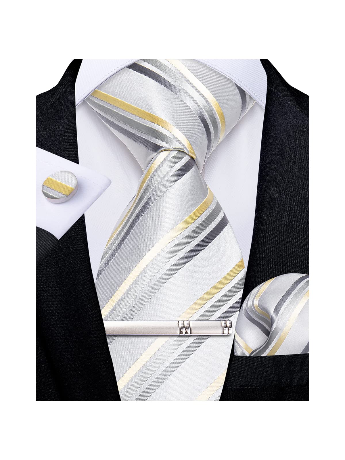 Mens Striped Tie Silk Woven Necktie and Pocket Square Cufflinks Tie Clip Set Wedding Business Formal Gift Tie for Men
