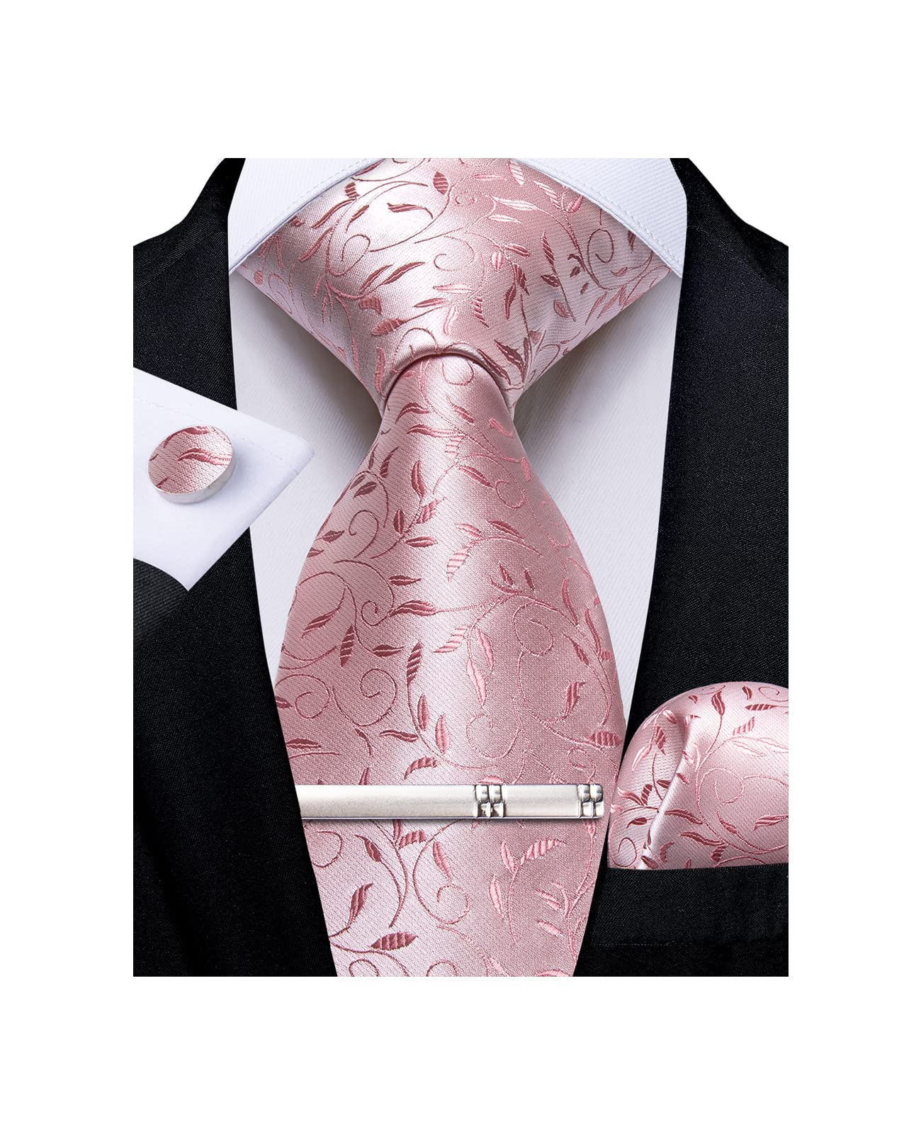 Silk Floral Ties for Men Woven Paisley Necktie and Tie Clip Handkerchief Cufflinks Set for Party Wedding