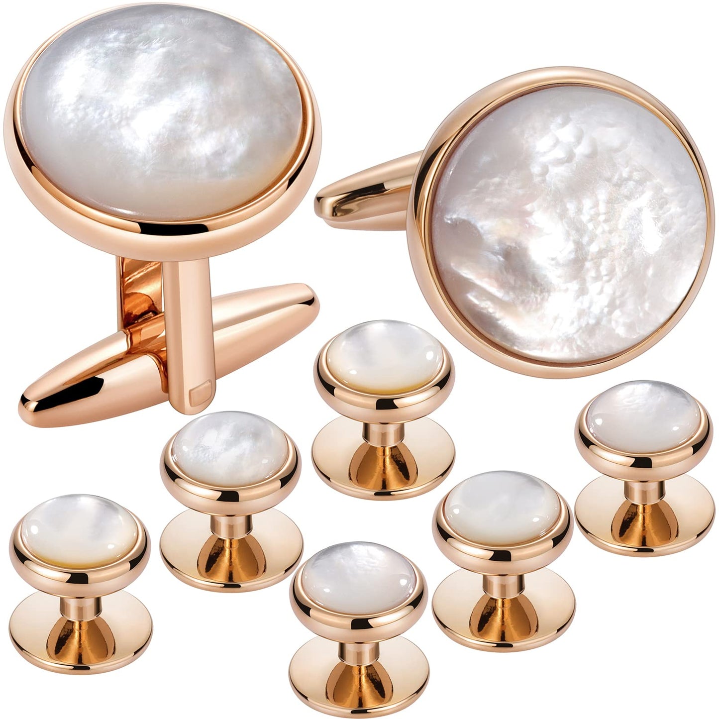 Cufflinks and Tuxedo Studs Set for Men with Gift Box, Mother-of-Pearl Cuff links for French Cuff Shirt and Dress Shirt, Suitable for Wedding, Birthday, Party