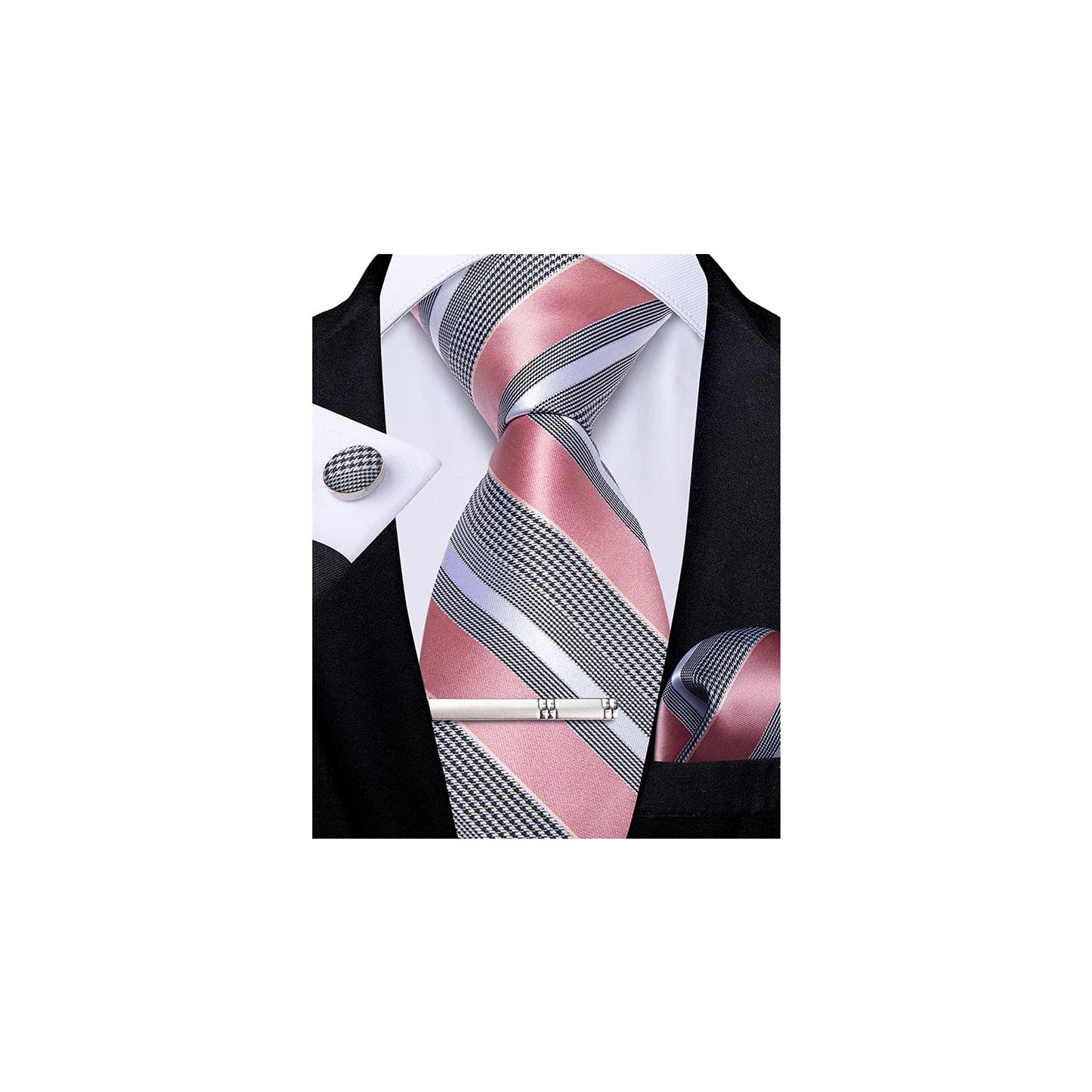 Mens Striped Tie Silk Woven Necktie and Pocket Square Cufflinks Tie Clip Set Wedding Business Formal Gift Tie for Men