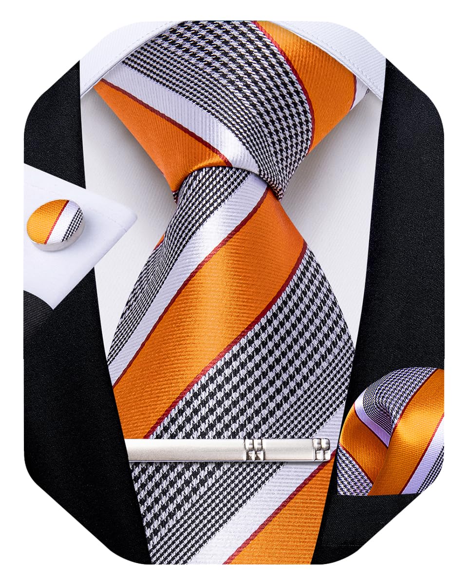 Mens Striped Tie Silk Woven Necktie and Pocket Square Cufflinks Tie Clip Set Wedding Business Formal Gift Tie for Men