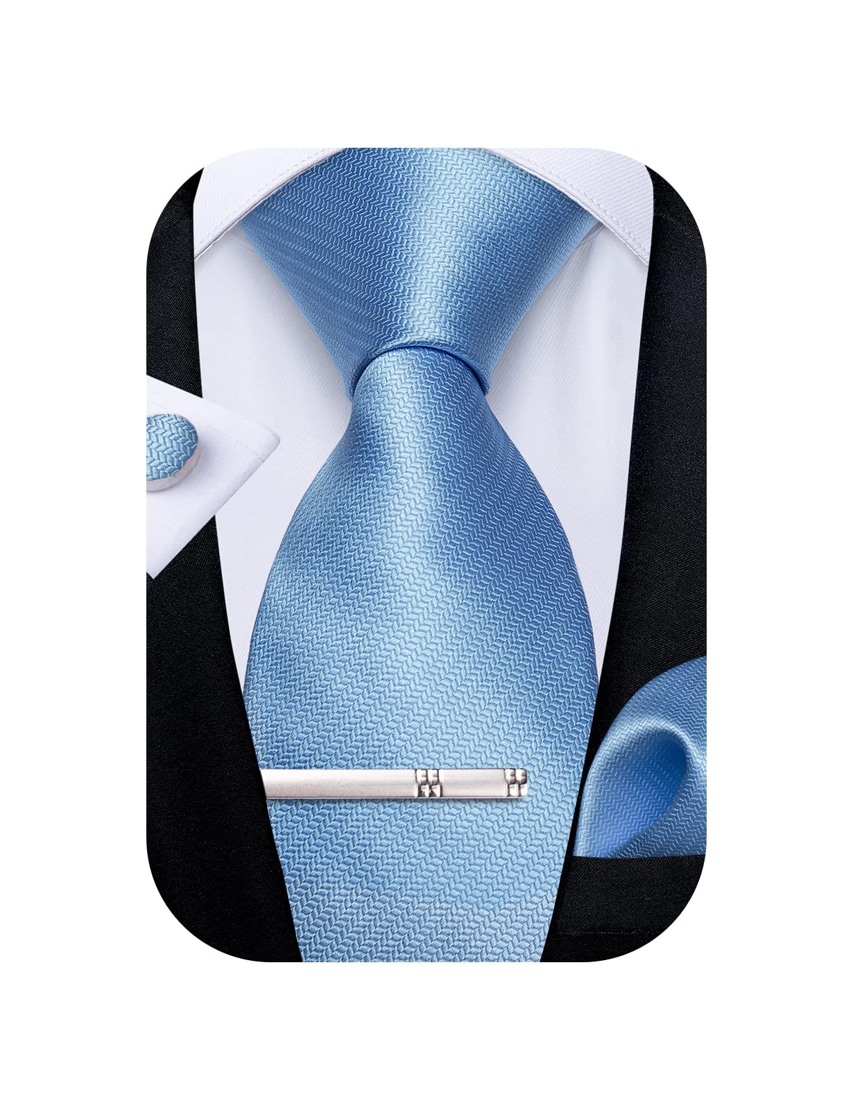 Mens Silk Necktie Solid Color Tie and Pocket Square Cufflink Tie Clip Set Woven Plain Ties for Men Wedding Party