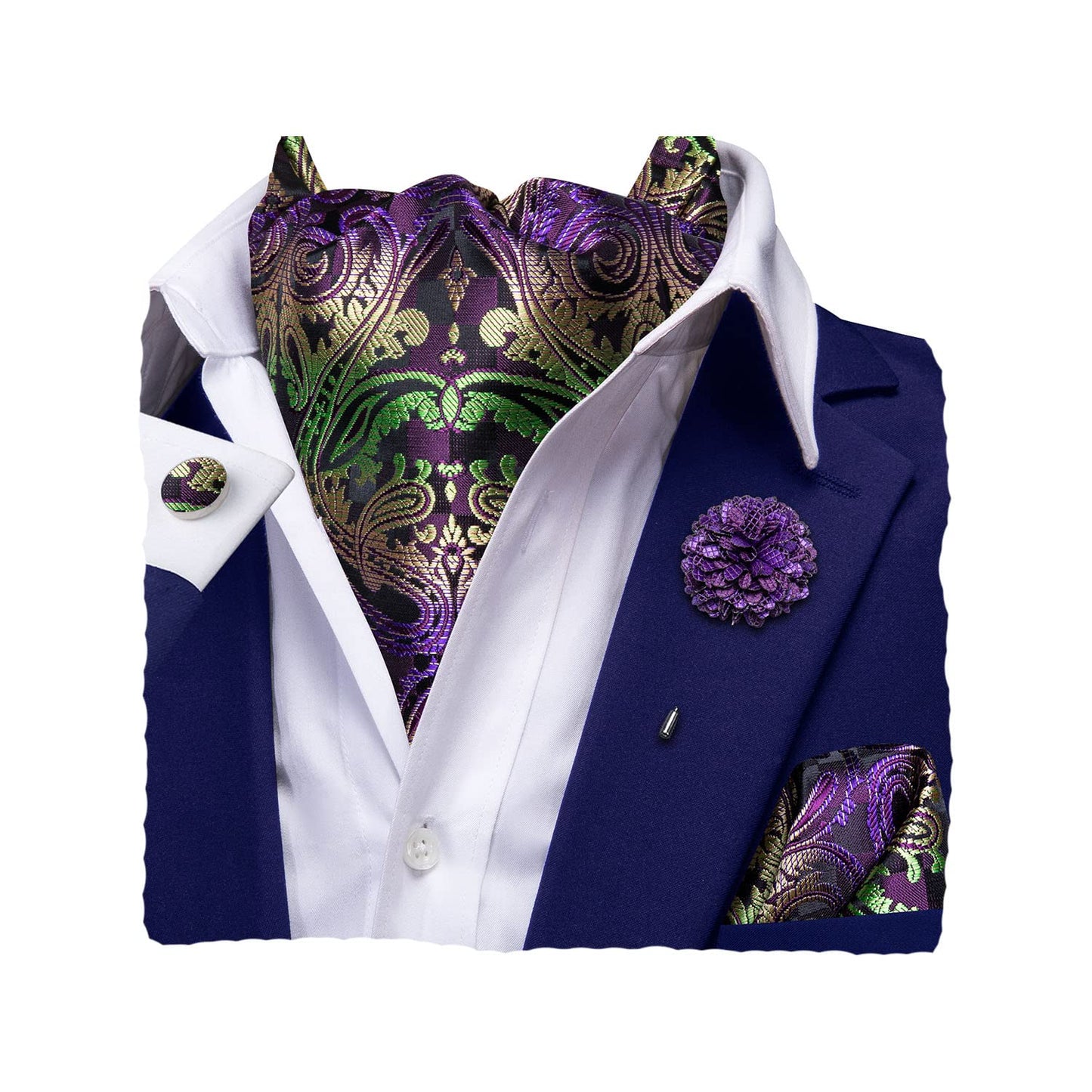 Silk Ascot for Men Self Tie Men's Cravat and Flower Lapel Pin Handkerchief Cufflinks Set for Wedding Party